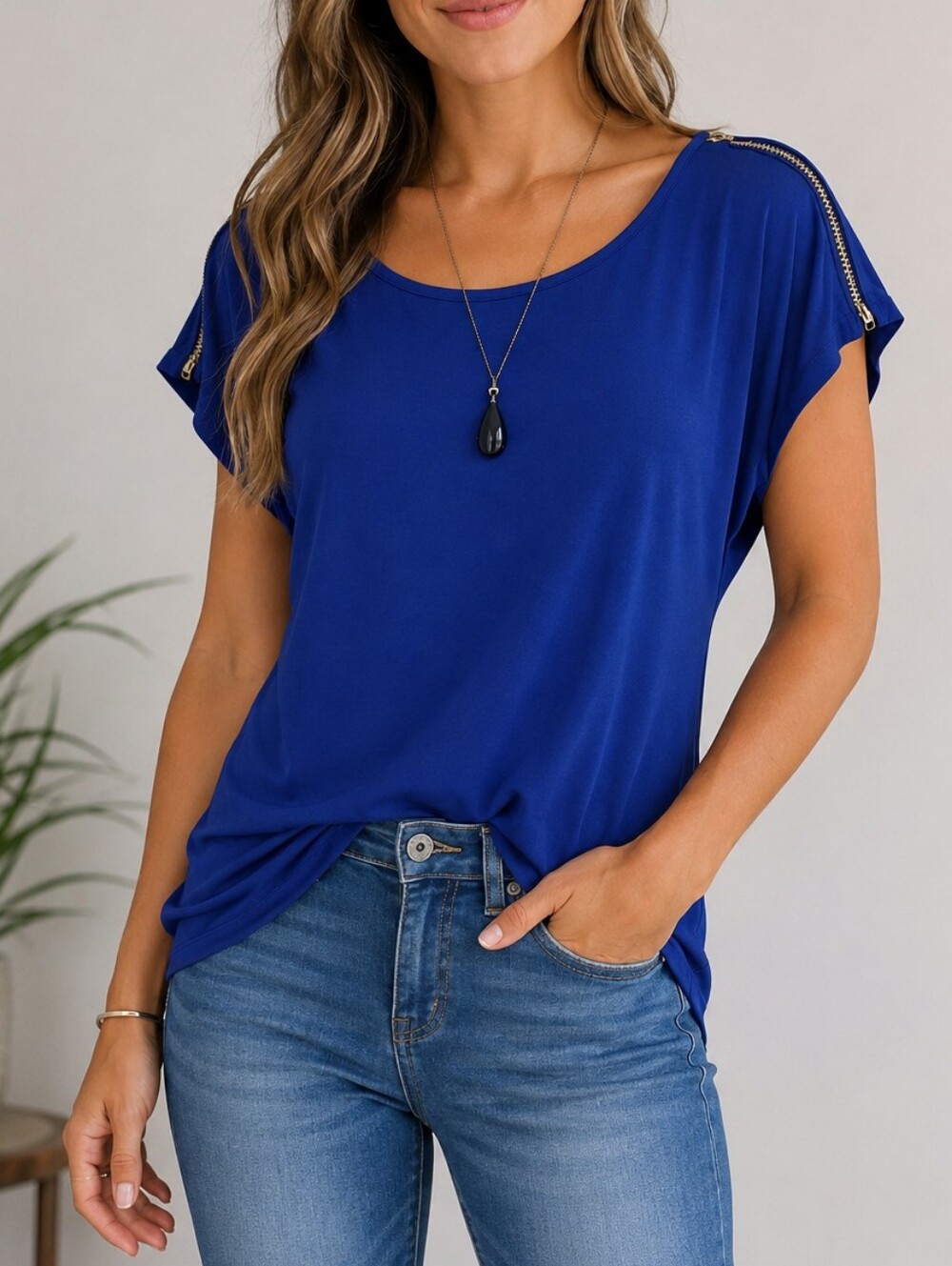 Women’s Royal Blue Zipper Shoulder Top Size Large Casual Short Sleeve Blouse